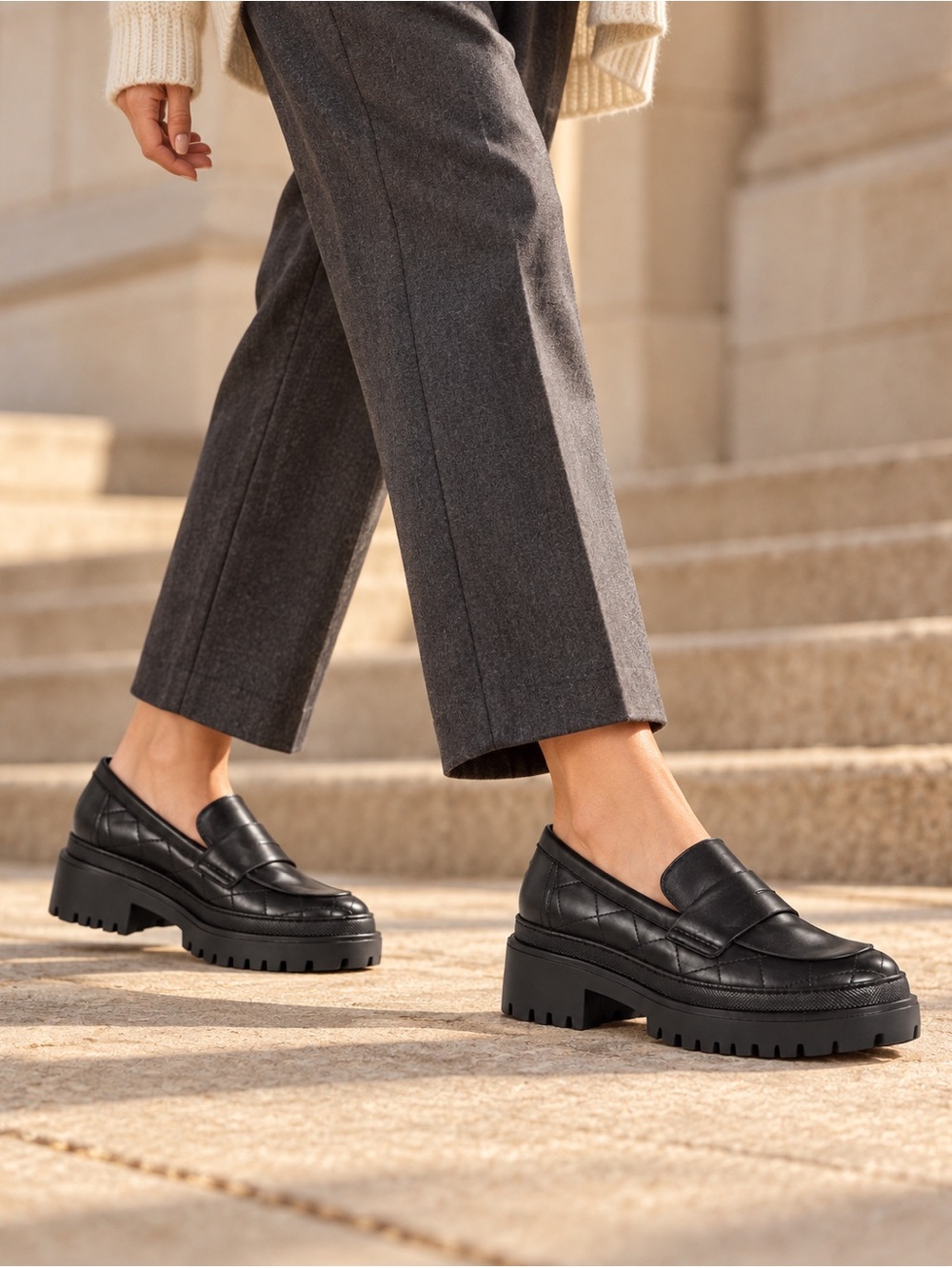 AGL Mary Black Quilted Leather Chunky Lug Sole Loafers 40.5 NWOB